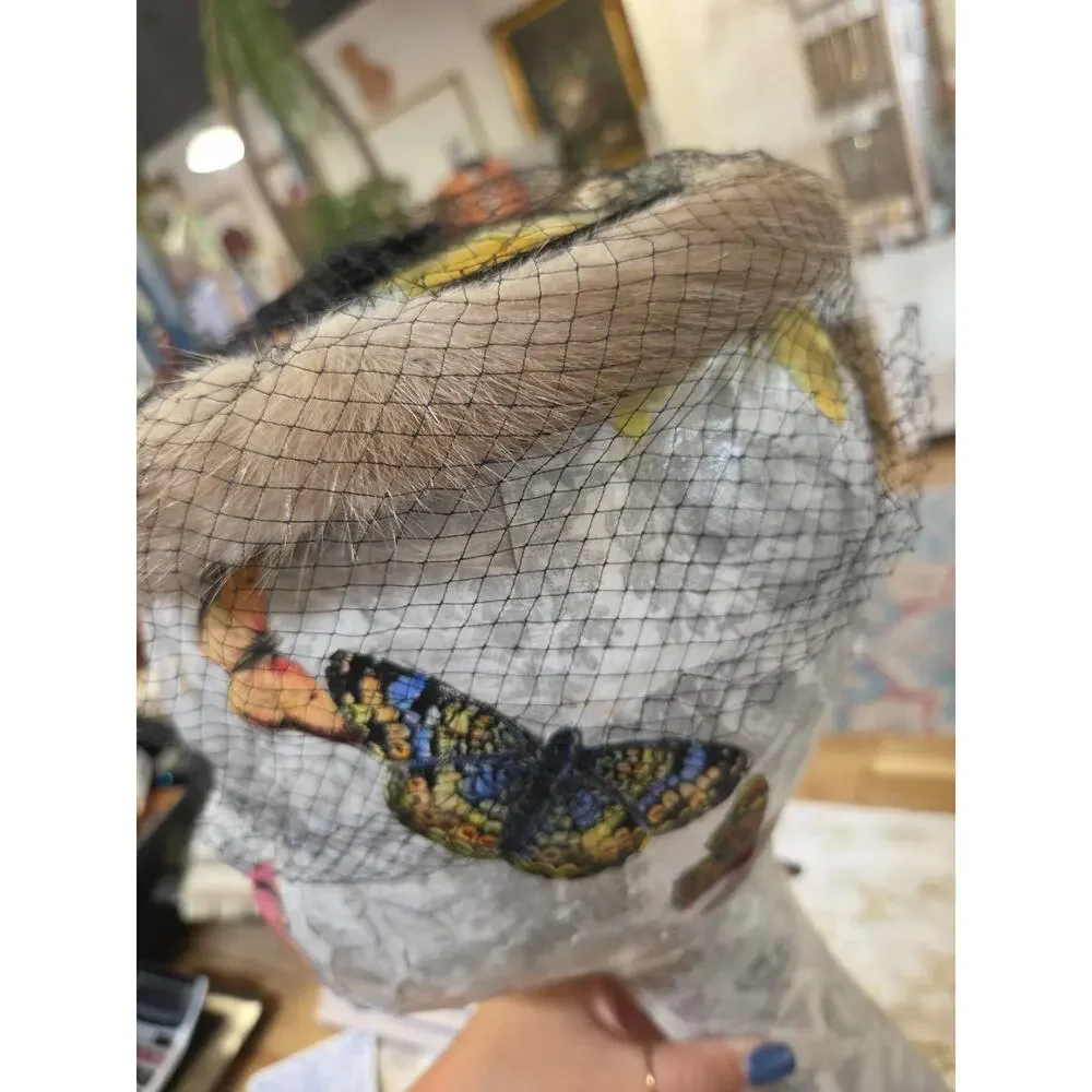 1950s Pill Box Mink Fur Hat With Lace / Veil Face Cover Dinner HAT